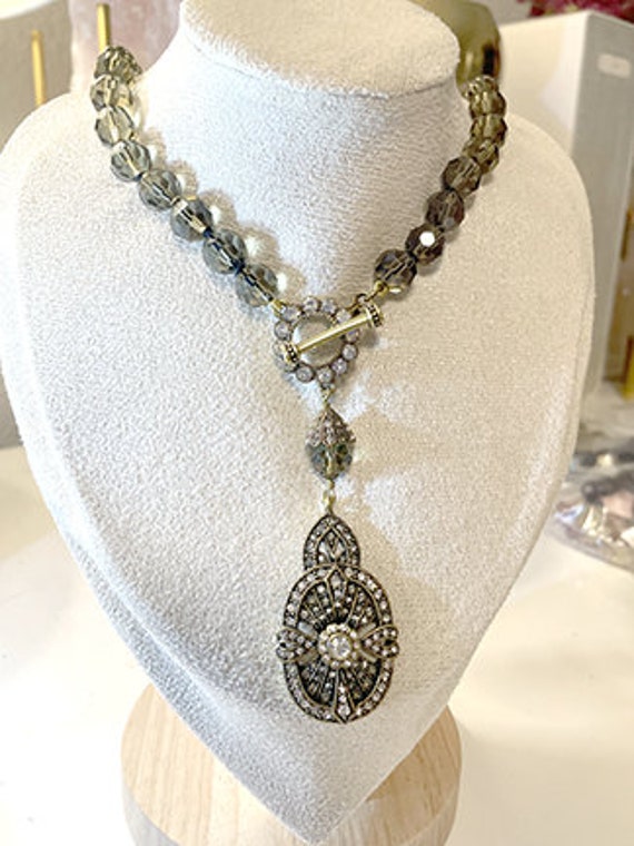 Grey Crystal and Glass Bead Drop Necklace