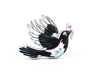 Magpie Brooch -  printed varnished sustainable cherry wood pin birds bird lover