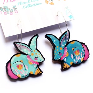 Bunny Rabbit Earrings choice of colours hooks or hoops wooden statement jewellery turquoise mint image 2