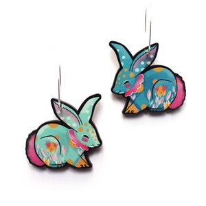 Bunny Rabbit Earrings choice of colours hooks or hoops wooden statement jewellery turquoise mint image 1