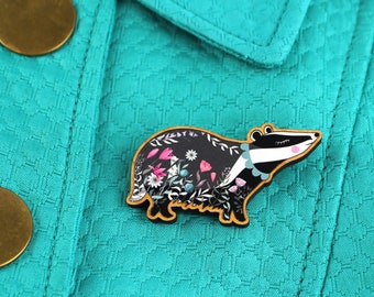 Badger Brooch -  printed hand varnished cherry wood floral badger pin