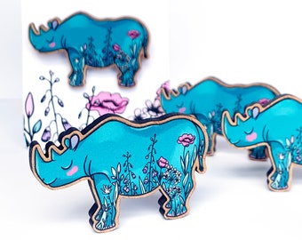 Rhino Brooch -  printed varnished sustainable cherry wood pin rhinoceros