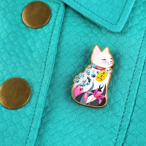 Lucky Cat Brooch -  printed hand varnished cherry wood cat pin maneki neko