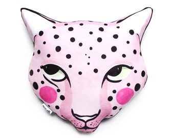 Leopard cushion softie plush various colours - throw pillow - blue pink cats big cat