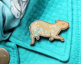 Capybara Brooch -  printed hand varnished cherry wood floral capybara pin