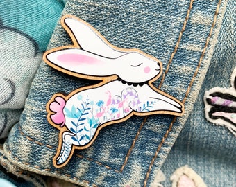 Rabbit Brooch -  printed gloss varnished wooden pin chunky bunny hare white flower