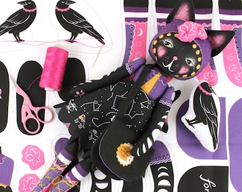 Bastelpackung - Astrid the Fortune Teller Katzenpuppe mit Wahrsagekarten - nähbare Katzenpuppe - STUFFING NICHT enthalten