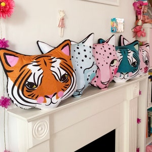 DIY KIT Tiger cushion softie plush various colours throw pillow blue orange pink cats big cat image 4