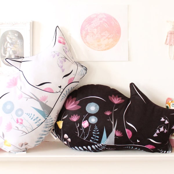 Chat, coussin, softie, peluche, floral, -, lancer, oreiller