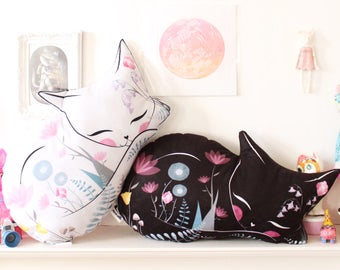 Chat, coussin, softie, peluche, floral, -, lancer, oreiller