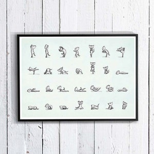 Cat art print - yoga cats instruction diagram exercise - A4 - 8 x 10 - A5 bikram yoga set