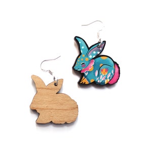 Bunny Rabbit Earrings choice of colours hooks or hoops wooden statement jewellery turquoise mint image 10