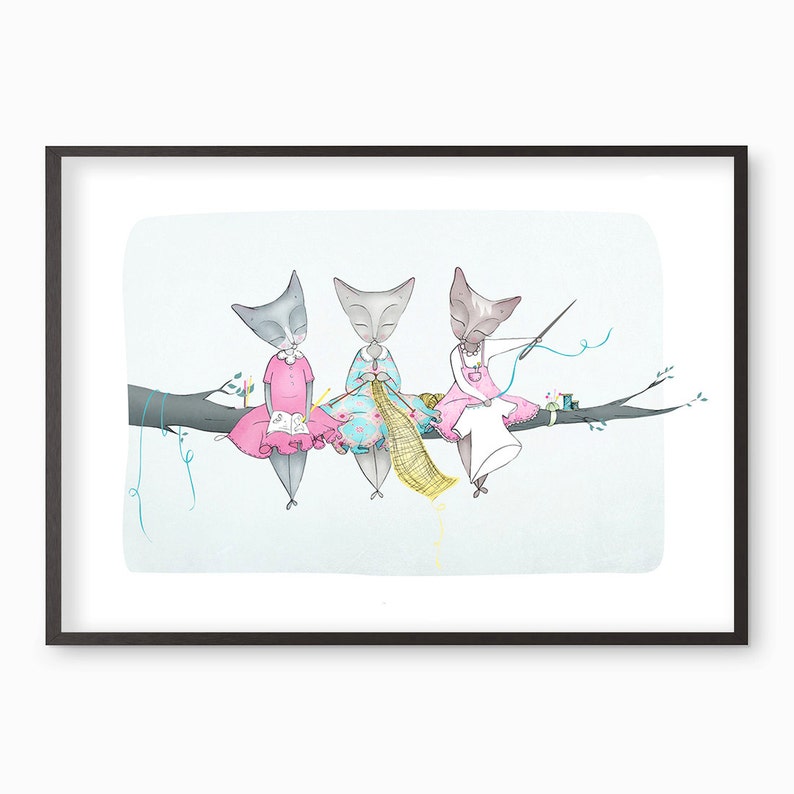 Cat ladies illustration Draw no evil, knit no evil, sew no evil giclee art print Many sizes available A3 / A4 / A5 / 8 x 10 image 1