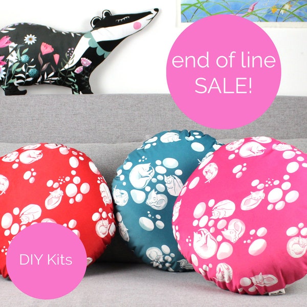 DIY KIT - SALE Kitty Mushroom cushion - choice of colours - stuffing not included - funghi sewing kit project