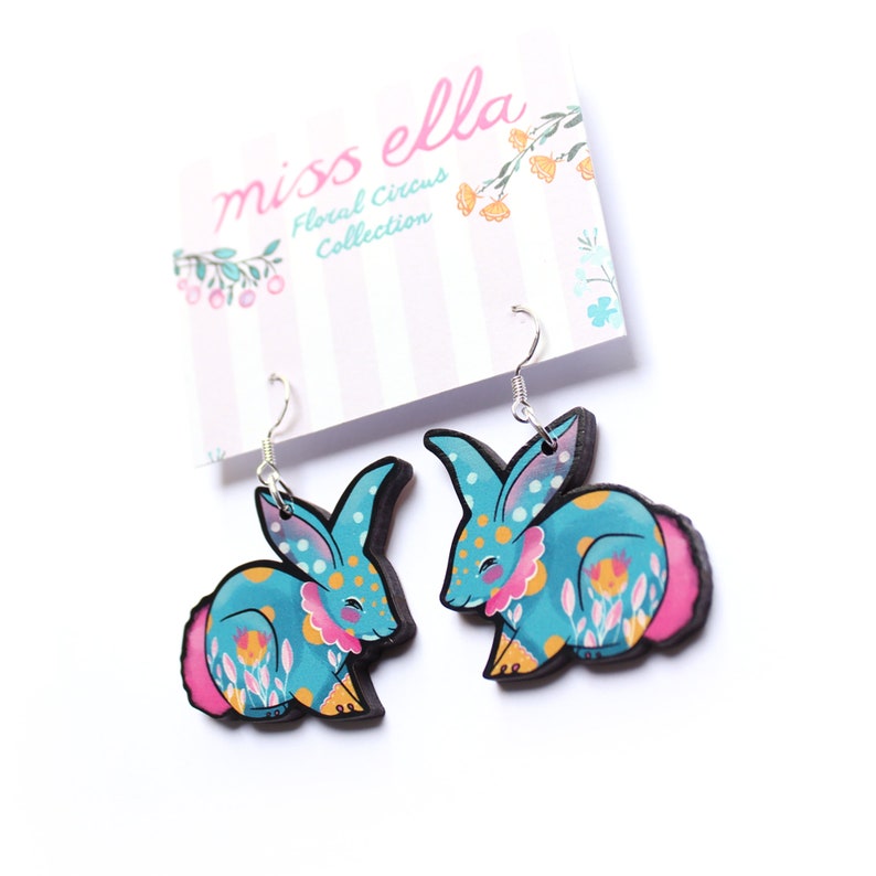 Bunny Rabbit Earrings choice of colours hooks or hoops wooden statement jewellery turquoise mint image 7