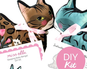 Bengal Kitten DIY Kit - cat sewing kit available in natural brown or teal blue