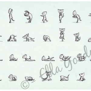 Cat art print yoga cats instruction diagram exercise A4 8 x 10 A5 bikram yoga set image 2