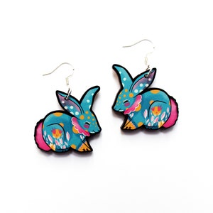 Bunny Rabbit Earrings choice of colours hooks or hoops wooden statement jewellery turquoise mint image 4