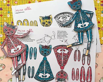 Cat Paper Doll pull puppets - Day of the Dead  - DOWNLOAD printable downloadable decoration halloween