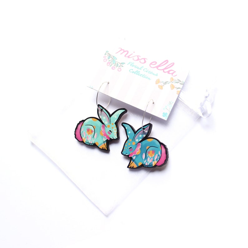 Bunny Rabbit Earrings choice of colours hooks or hoops wooden statement jewellery turquoise mint image 9