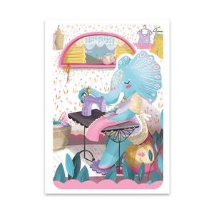 Elephant seamstress Card -  animals greetings card birthday cards - no wording - sewing circus vintage