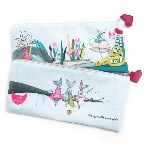 Cat Pencil Case - double sided illustrated craft pouch - back to school - kawaii cute cats living in the land of do