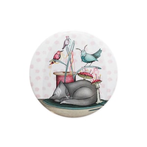 Cat Birds pocket mirror - Cats bell jar birds sewing accessories stocking fillers stuffers