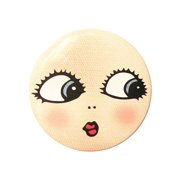Dollface pocket mirror - round hand compact kewpie dollie dolly cute doll face illustration - 3 inches / 76mm
