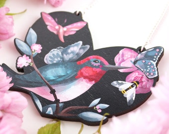 Hummingbird Necklace - birds cherry wood statement jewellery