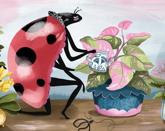 Plant Ladybird Art Print - Illustration  A4 / A3 / A5 / 8 x 10 ladybug