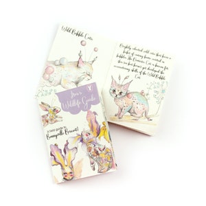 Op de afbeelding: Drie kleine, ge&iuml;llustreerde boekjes met een paarse en witte omslag. De boekjes zijn getiteld "Wild Bobble Cats", "Jris's Wildlife Guide" en "A field guide to Bunnyville Biscuit!" De omslagen tonen fantasievolle illustraties van katten, konijnen en bloemen.