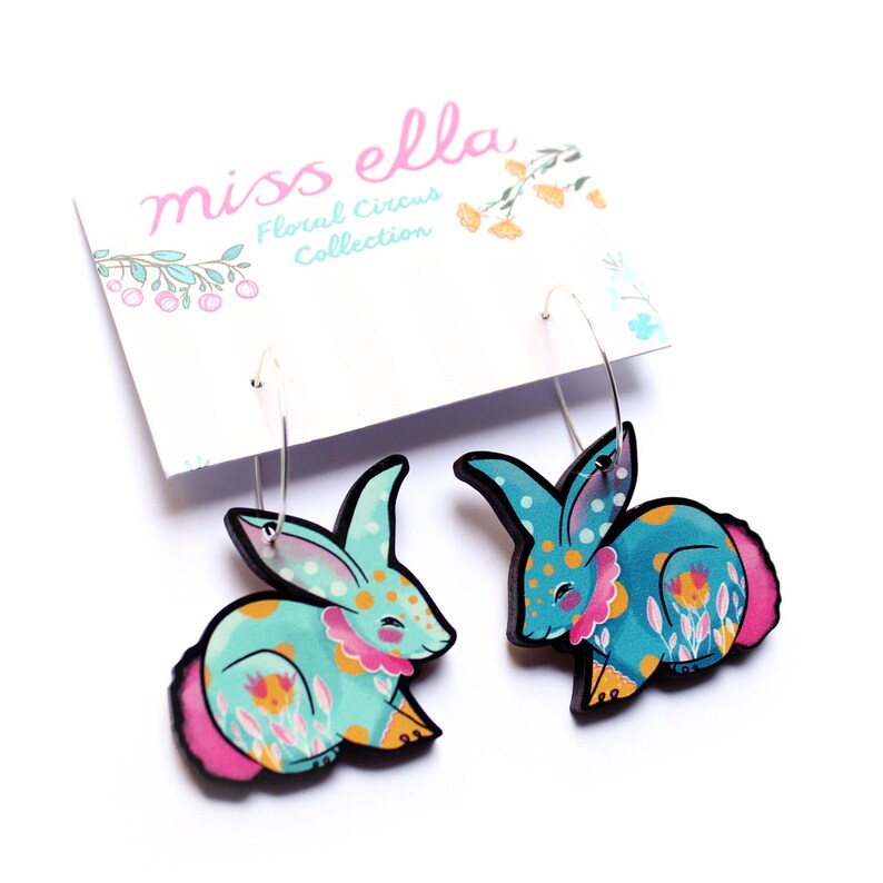 Bunny Rabbit Earrings choice of colours hooks or hoops wooden statement jewellery turquoise mint image 2