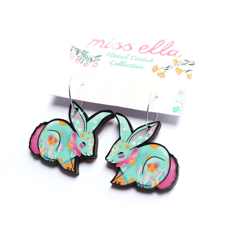 Bunny Rabbit Earrings choice of colours hooks or hoops wooden statement jewellery turquoise mint image 6