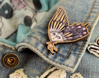 Butterfly Girl Brooch -  printed varnished sustainable cherry wood pin butterflies