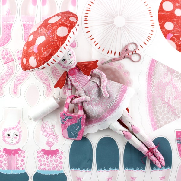 Mushroom Dolly DIY KIT - Patience the Mushroom Girl with 20 page story book - sewing kit sewing cat doll