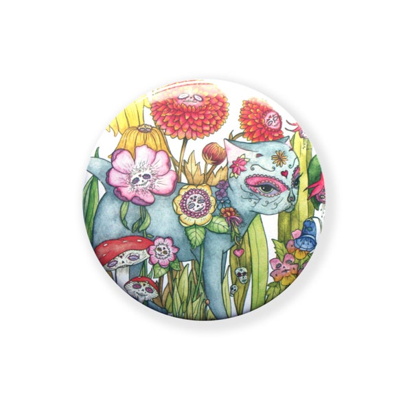 Cat pocket mirror - Day of the Dead kitty - Dia des los muertos flowers Halloween - round hand compact cats illustration - 3 inches / 76mm