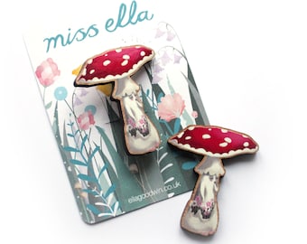 Mushroom Brooch -  printed varnished sustainable cherry wood pin funghi amanita muscaria fly agaric