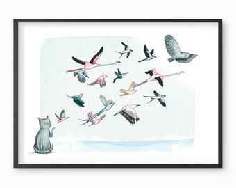 Cat Birds illustration giclee art print - Let it Go - Many sizes available A3 / A4 / A5 / 8 x 10 fine art print