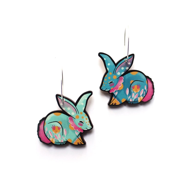 Bunny Rabbit Earrings choice of colours hooks or hoops wooden statement jewellery turquoise mint image 1