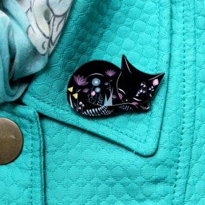 Cat Brooch -  printed hand varnished cherry wood floral cat pin black white