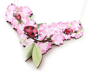 Ladybird Sakura Necklace - ladybug cherry wood statement jewellery