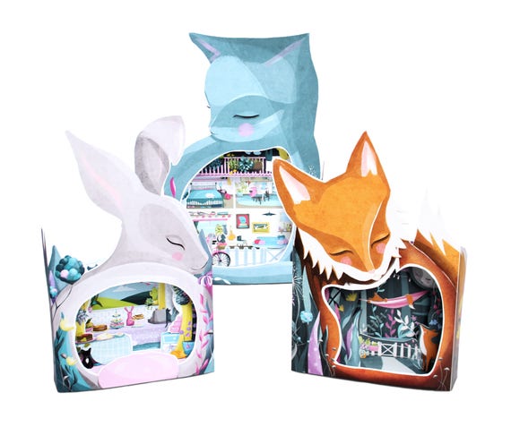 Dream Home Diorama Book 3 DIY DIORAMA KITS in One Book Diy Kit Papercraft Cat Cats Fox Rabbit Illustration Craft Dolls House Miniatures Etsy