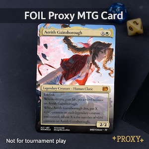 Puede incluir: Una carta MTG proxy foil con Aerith Gainsborough, una Criatura Legendaria. La carta tiene una ilustración vibrante de un personaje con un atuendo rojo. El texto incluye "Lifelink" y otras instrucciones del juego. La carta está marcada como "Not for tournament play."