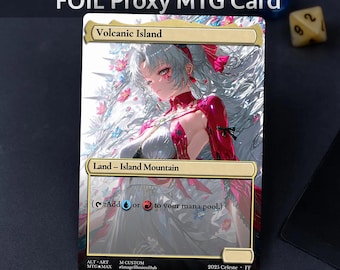 May include: A foil proxy MTG card featuring a fantasy illustration of a woman with white hair and red accents. The card is labeled "Volcanic Island" and "Land - Island Mountain." Text at the bottom reads "Not for tournament play."