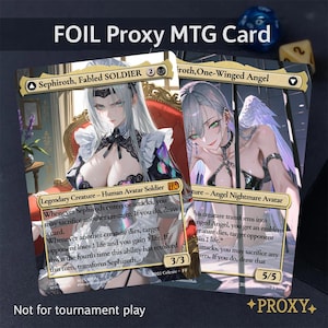 Puede incluir: Dos cartas MTG proxy foil con ilustraciones de estilo anime de personajes femeninos. Las cartas están etiquetadas como "Sephiroth, Fabled SOLDIER" e "iroth, One-Winged Angel". Las cartas están marcadas como "Not for tournament play."