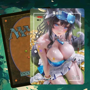 May include: A Magic: The Gathering card featuring a stylized anime-style character with wolf ears and blue eyes. The card has a "REC" indicator and the word "Wolf" at the top. The card is a 2/2 token.