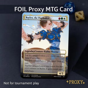 Könnte beinhalten: Eine Foil-Proxy-MTG-Karte mit "Baylen, the Haymaker", einem Legendären Kreatur-Kaninchen-Krieger. Die Kartenkunst zeigt eine Frau in einem blauen Outfit. Die Karte enthält Text über das Tappen von Spielsteinen für Mana und Zähler. Der Text "Not for tournament play" ist ebenfalls sichtbar.