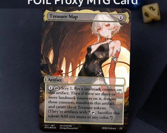 May include: Foil proxy MTG card featuring a Treasure Map illustration. The card depicts a woman in a black dress with a rose tattoo. Text includes "Artifact" and game instructions. The card is labeled "Not for tournament play."