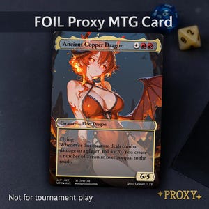 Könnte beinhalten: Eine Foil-Proxy-MTG-Karte mit einer Illustration eines weiblichen Drachen mit roten Haaren und roter Kleidung. Die Karte trägt die Bezeichnung "Ancient Copper Dragon" und enthält Spieltext. Die Karte ist mit "Not for tournament play" gekennzeichnet.