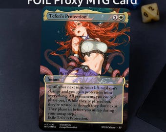 Può includere: Una carta MTG proxy foil con un'illustrazione in stile anime di una donna con i capelli rossi e una gonna viola. La carta è etichettata come "Teferi's Protection" e include il testo del gioco. È presente anche il testo "Not for tournament play".